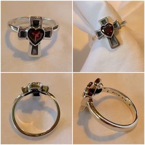 Retired James Avery Sterling Silver Cross w/ Garnet Heart Ring 7.5